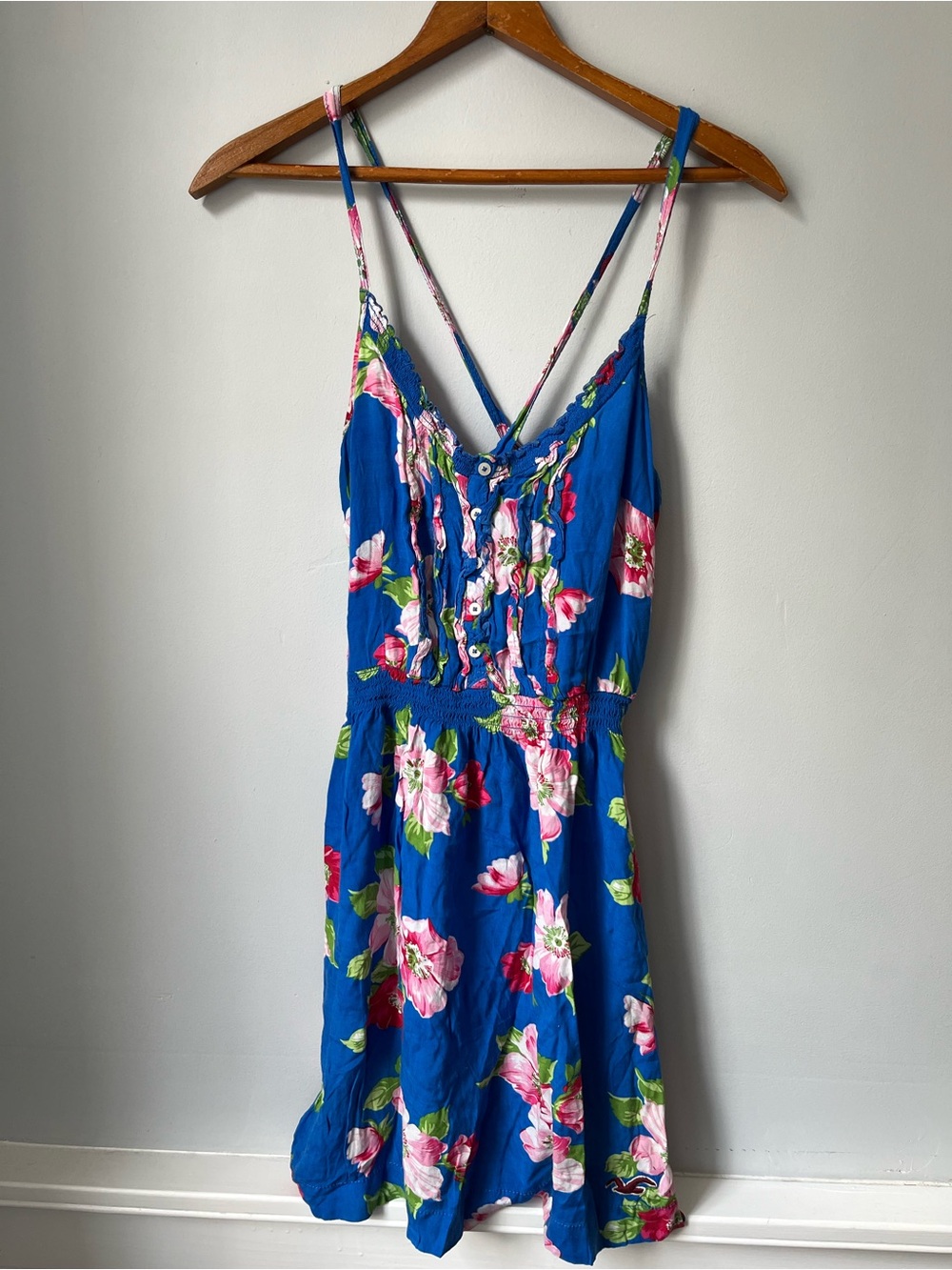 Hollister Blue floral Mini dress criss-cross back straps Cotton Summer Y2K